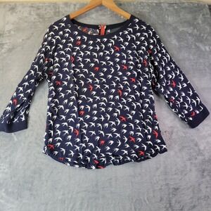 Maeve‎ Womens 4 Navy Swallow Print Blouse 34 Sleeve Rayon Casual Whimsical